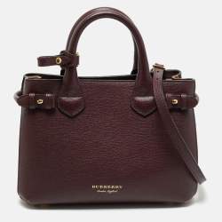 Burberry Burgundy/Beige Leather and House Check Fabric Small Banner Tote