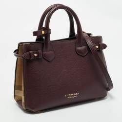 Burberry Burgundy/Beige Leather and House Check Fabric Small Banner Tote