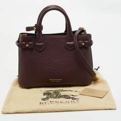 Burberry Burgundy/Beige Leather and House Check Fabric Small Banner Tote