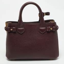 Burberry Burgundy/Beige Leather and House Check Fabric Small Banner Tote