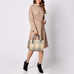 Pre Owned Burberry Beige/Black House Check Coated Canvas and Leather Tote