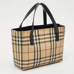 Pre Owned Burberry Beige/Black House Check Coated Canvas and Leather Tote