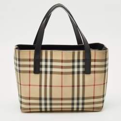 Pre Owned Burberry Beige/Black House Check Coated Canvas and Leather Tote