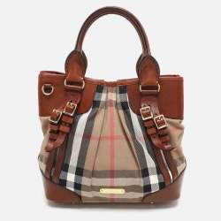 Burberry Brown House Check Canvas and Leather Bridle Whipstitch Tote