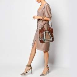 Burberry Brown House Check Canvas and Leather Bridle Whipstitch Tote