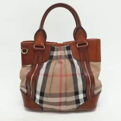 Burberry Brown House Check Canvas and Leather Bridle Whipstitch Tote