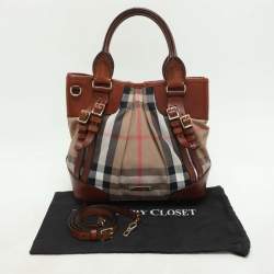 Burberry Brown House Check Canvas and Leather Bridle Whipstitch Tote