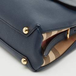 Burberry Navy Blue/Beige Leather and House Check Fabric Small Camberley Top Handle Bag