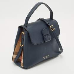Burberry Navy Blue/Beige Leather and House Check Fabric Small Camberley Top Handle Bag