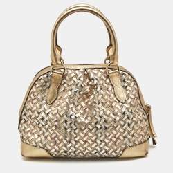 Burberry Gold/Beige Haymarket Check PVC and Woven Leather Thornley Satchel