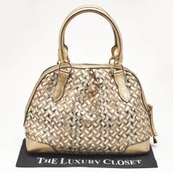 Burberry Gold/Beige Haymarket Check PVC and Woven Leather Thornley Satchel