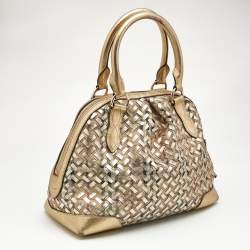 Burberry Gold/Beige Haymarket Check PVC and Woven Leather Thornley Satchel