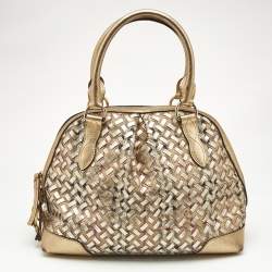 Burberry Gold/Beige Haymarket Check PVC and Woven Leather Thornley Satchel
