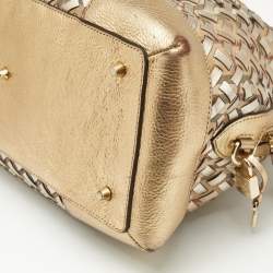 Burberry Gold/Beige Haymarket Check PVC and Woven Leather Thornley Satchel