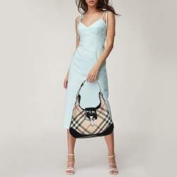 Pre Owned Burberry Black/Beige Nova Check PVC and Patent Leather Brooke Hobo