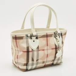 Pre Owned Burberry White/Beige House Check PVC and Patent Leather Open Heart Tote