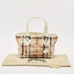 Pre Owned Burberry White/Beige House Check PVC and Patent Leather Open Heart Tote