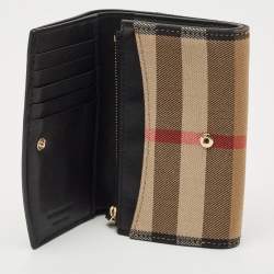 Burberry Black/Beige House Check Canvas and Leather Wellington Compact Wallet