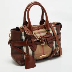 Burberry Brown/Beige House Check Canvas and Leather Bridle Lynher Tote