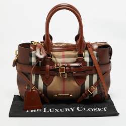 Burberry Brown/Beige House Check Canvas and Leather Bridle Lynher Tote