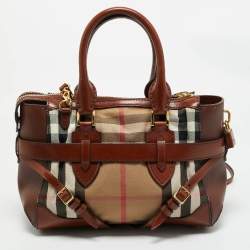 Burberry Brown/Beige House Check Canvas and Leather Bridle Lynher Tote