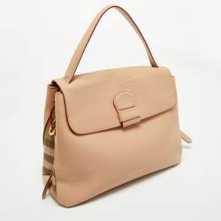 Pre Owned Burberry Nude Leather and House Check Fabric Medium Camberley Top Handle Bag