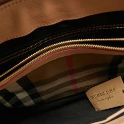 Pre Owned Burberry Nude Leather and House Check Fabric Medium Camberley Top Handle Bag