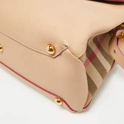 Pre Owned Burberry Nude Leather and House Check Fabric Medium Camberley Top Handle Bag