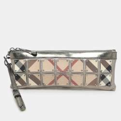 Burberry Metallic/Beige Nova Check PVC and Leather Zip Wristlet Clutch