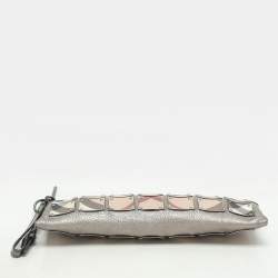 Pre Owned Burberry Metallic/Beige Nova Check PVC and Leather Zip Wristlet Clutch