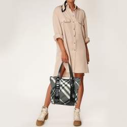 Pre Owned Burberry Black Beat Check Nylon And Patent Leather Small Lowry Tote