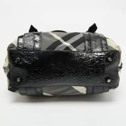 Pre Owned Burberry Black Beat Check Nylon And Patent Leather Small Lowry Tote
