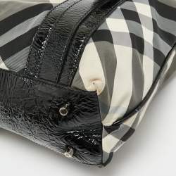 Pre Owned Burberry Black Beat Check Nylon And Patent Leather Small Lowry Tote
