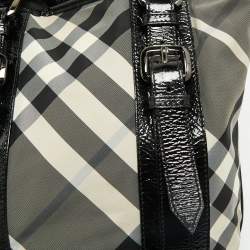 Pre Owned Burberry Black Beat Check Nylon And Patent Leather Small Lowry Tote