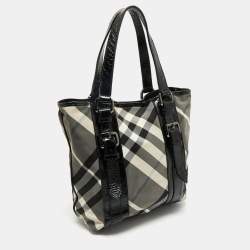 Pre Owned Burberry Black Beat Check Nylon And Patent Leather Small Lowry Tote