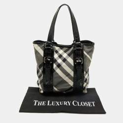 Pre Owned Burberry Black Beat Check Nylon And Patent Leather Small Lowry Tote