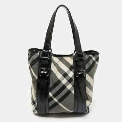 Pre Owned Burberry Black Beat Check Nylon And Patent Leather Small Lowry Tote