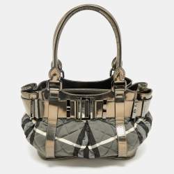 Pre Owned Burberry Black/Grey Beat Check Nylon and Patent Leather Small Healy Tote