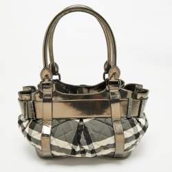Pre Owned Burberry Black/Grey Beat Check Nylon and Patent Leather Small Healy Tote