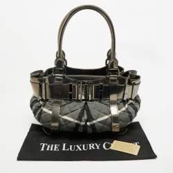 Pre Owned Burberry Black/Grey Beat Check Nylon and Patent Leather Small Healy Tote