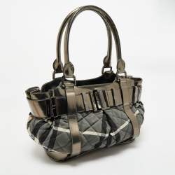 Pre Owned Burberry Black/Grey Beat Check Nylon and Patent Leather Small Healy Tote