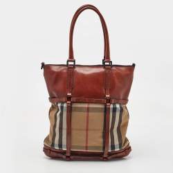 Pre Owned Burberry Beige/Brown Housecheck Canvas and Leather Slim Tote