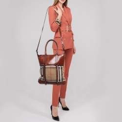 Pre Owned Burberry Beige/Brown Housecheck Canvas and Leather Slim Tote