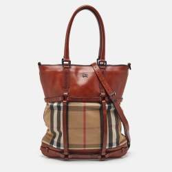Pre Owned Burberry Beige/Brown Housecheck Canvas and Leather Slim Tote
