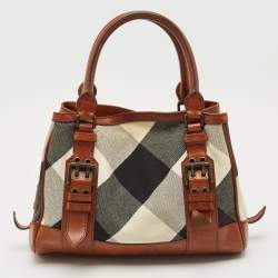 Pre Owned Burberry Brown Mega Check Fabric and Leather Tote
