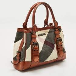 Pre Owned Burberry Brown Mega Check Fabric and Leather Tote