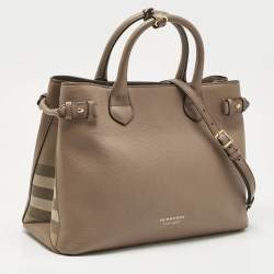 Pre Owned Burberry Brown Leather and House Check Fabric Medium Banner Tote