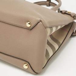 Pre Owned Burberry Brown Leather and House Check Fabric Medium Banner Tote