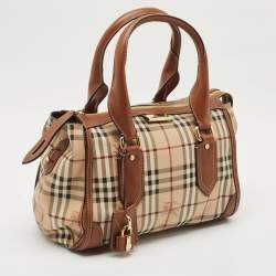 Pre Owned Burberry Brown/Beige Haymarket Coated Canvas and Leather Satchel