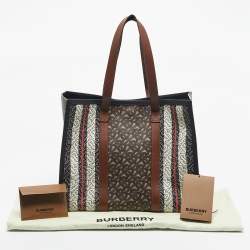 Pre Owned Burberry Bridle Brown TB Coated Canvas Small East West Book Tote